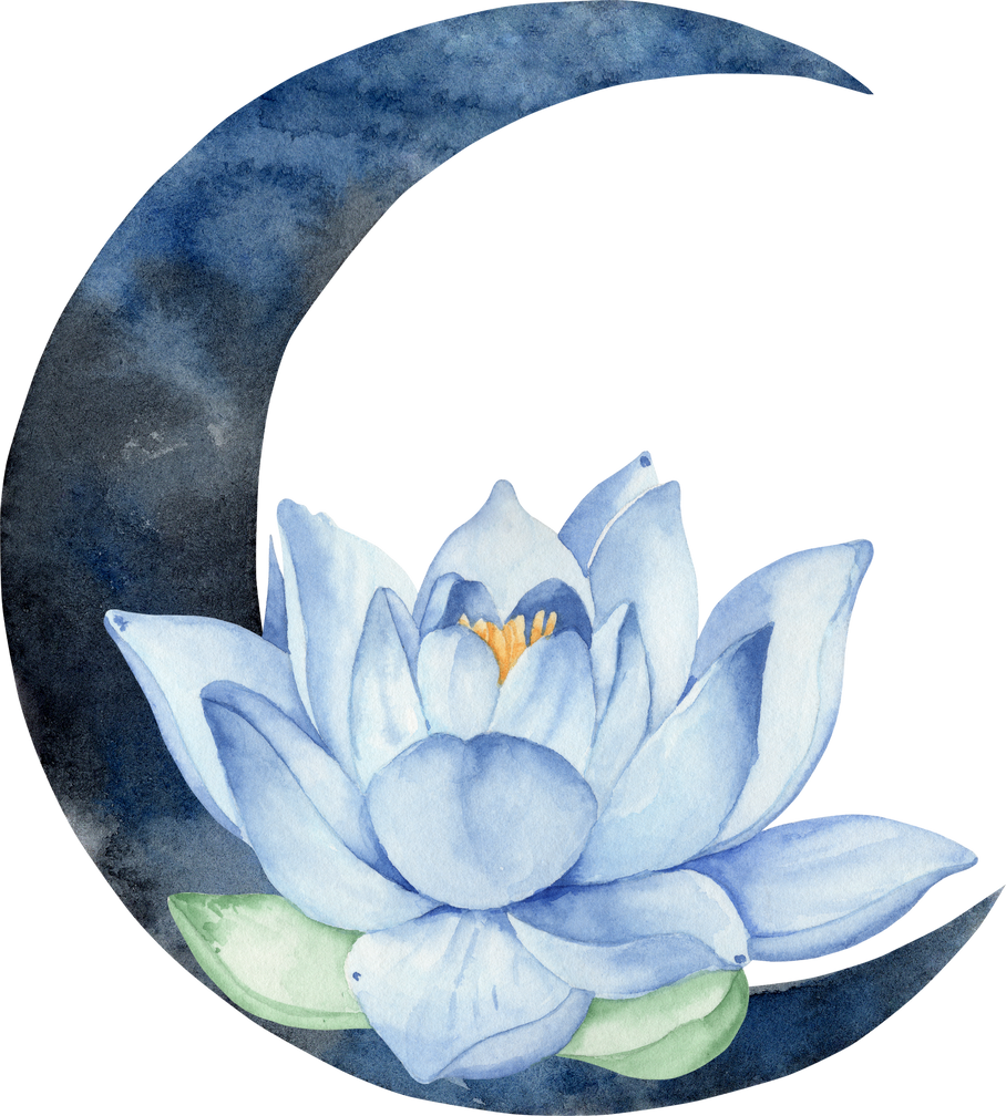 Moon with Lotus Flower Watercolor Illustration